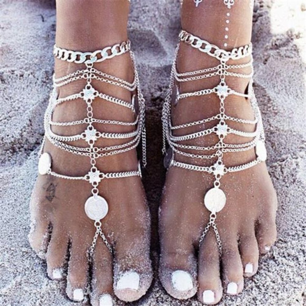 Anglacesmade 1 Pcs Bohemian Layered Coin Anklet with Toe Ring Adjustable